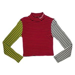 Teddy Fresh Color Block Mock Neck Crop Striped Top